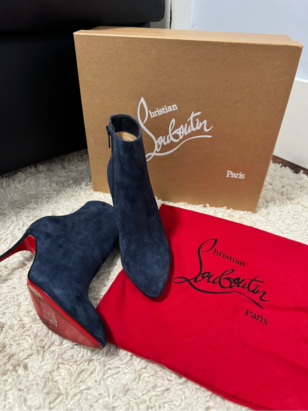 Christian Louboutin Navy Blue Suede Ankle Boots EU 36 Red Sole Box